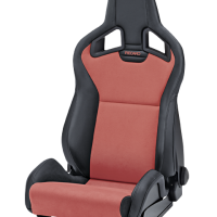 Black and red Recaro racing seat with a high backrest and side bolsters, featuring adjustment knobs on a black base, set against a plain white background.