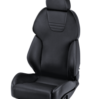 Black leather car seat with ergonomic design and adjustable headrest, displayed against a plain white background. The seat features subtle contours for support and the text "R-EX due" on the backrest.