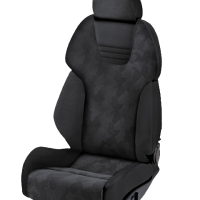 A black, ergonomic car seat with geometric patterned fabric and cushioned headrest is positioned upright against a plain backdrop. It includes manual adjustment controls on the base.