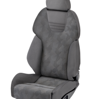 A grey car seat with a cushioned headrest and patterned fabric, positioned against a plain white background. The seat includes manual adjustment knobs for positioning.