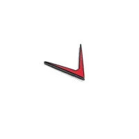 Red and black V-shaped emblem resting on a white background.
