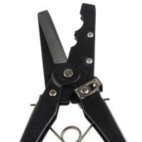 A pair of black wire strippers with metal gripping jaws is open against a plain white background.