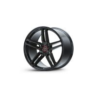 A black, five-spoke alloy wheel is standing upright on a white background. The center cap features a red ring with the text: "Tuff A.T. Wheels."