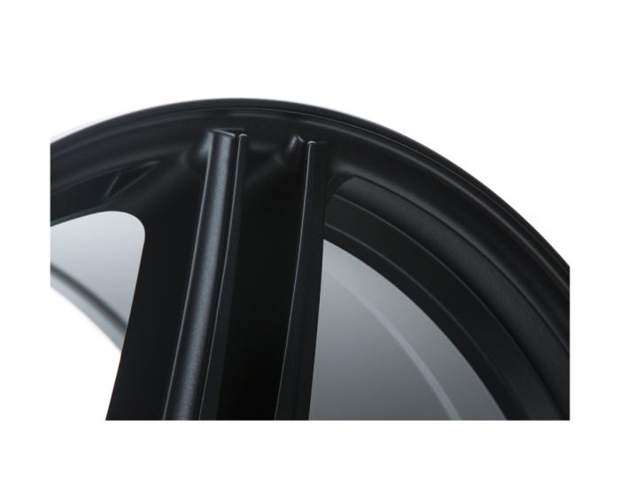 A close-up of a black, sleek, curved metal car wheel rim with three visible spokes, positioned against a plain white background, showcasing its smooth, polished texture.