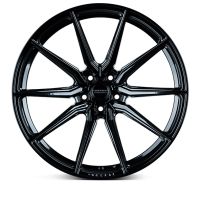 A glossy black automotive wheel features intricate multi-spoke design against a white background. The center has the text "VOSSEN FORGED."