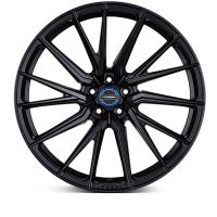 A black, multi-spoke alloy wheel with a central blue and silver Vossen logo, displayed against a plain white background.