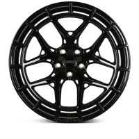 A glossy black alloy wheel with a multi-spoke design is displayed against a white background. The center cap features the logo "Vossen Forged."