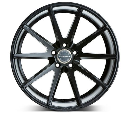 A sleek, black Vossen VFS-2 alloy wheel with ten thin spokes radiates from the center, presented against a plain white background. Text: "VOSSEN" in the wheel's center cap.