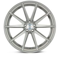 A silver alloy car wheel with ten spokes converges at the center, embossed with "VOSSEN FORGED" inscription, placed against a plain white background.