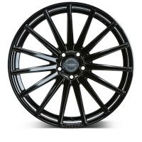 A glossy black Vossen car wheel rim with a multi-spoke design rests on a plain white background. The central hub displays the word "VOSSEN."