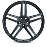 A metallic, dark-colored car wheel with five double spokes, displaying a modern design. Center cap text reads "VOSSEN FORGED"; rim text reads "VOSSEN." The wheel is isolated on a white background.
