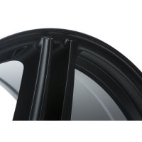 A close-up view of a sleek, black car wheel rim showing its curved structure, highlighted against a plain white background, emphasizing its design and texture.