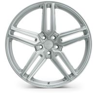 A silver, five-spoke alloy wheel rests vertically against a white background. The center is marked with the text "FORGED VOSSEN" and "VOSSEN" is inscribed along the rim.