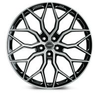 A black and silver alloy wheel displays a complex, geometric spoke pattern. Text includes "VOSSEN" and "HF-2" on the wheel rim. The background is plain white.