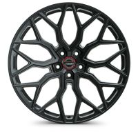 A detailed, black alloy wheel with a complex geometric pattern, featuring "VOSSEN" at the center, placed against a plain white background.