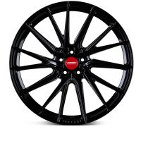 A sleek black alloy wheel with a multi-spoke design, featuring a red center cap with the text "VOSSEN FORGED," displayed against a plain white background.