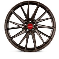 A bronze alloy car wheel with intricate spoke design, featuring a red center cap with the text "VOSSEN FORGED." Displayed against a plain white background for product emphasis.