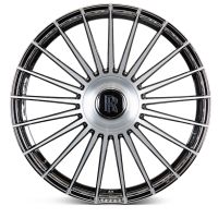 A chrome car wheel rim with thin, evenly spaced spokes radiates from a central hub featuring a stylized "RR" emblem, set against a plain white background.