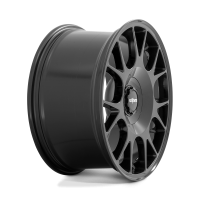 A black alloy wheel with a multi-spoke design is displayed against a neutral background. The center cap features the text "rotiform."