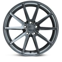 A sleek, metallic car wheel rim, showcasing ten slim spokes radiating from the center cap, which is labeled "VOSSEN FORGED" in a glossy finish.
