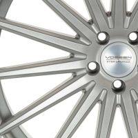 Silver alloy wheel with multiple thin spokes radiating from the center, displaying the text "VOSSEN HYBRID FORGED," set against a plain white background.