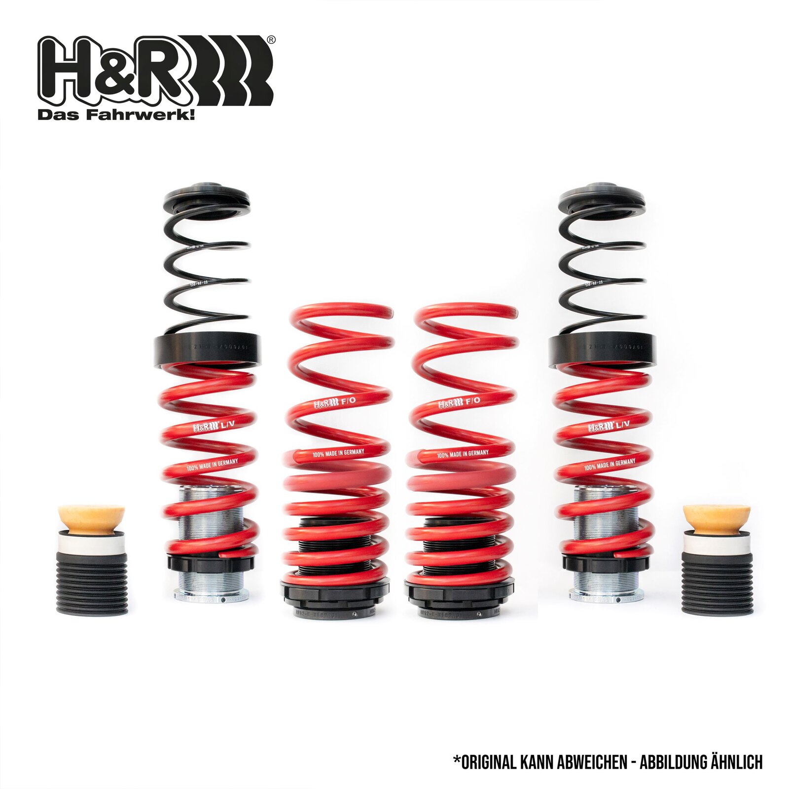 Car suspension springs stand upright, featuring black and red coils with rubber bump stops, arranged on a white background. Text includes: "H&R Das Fahrwerk! H&R F/O 100% MADE IN GERMANY H&R/F/0 *ORIGINAL KANN ABWEICHEN - ABBILDUNG ÄHNLICH."