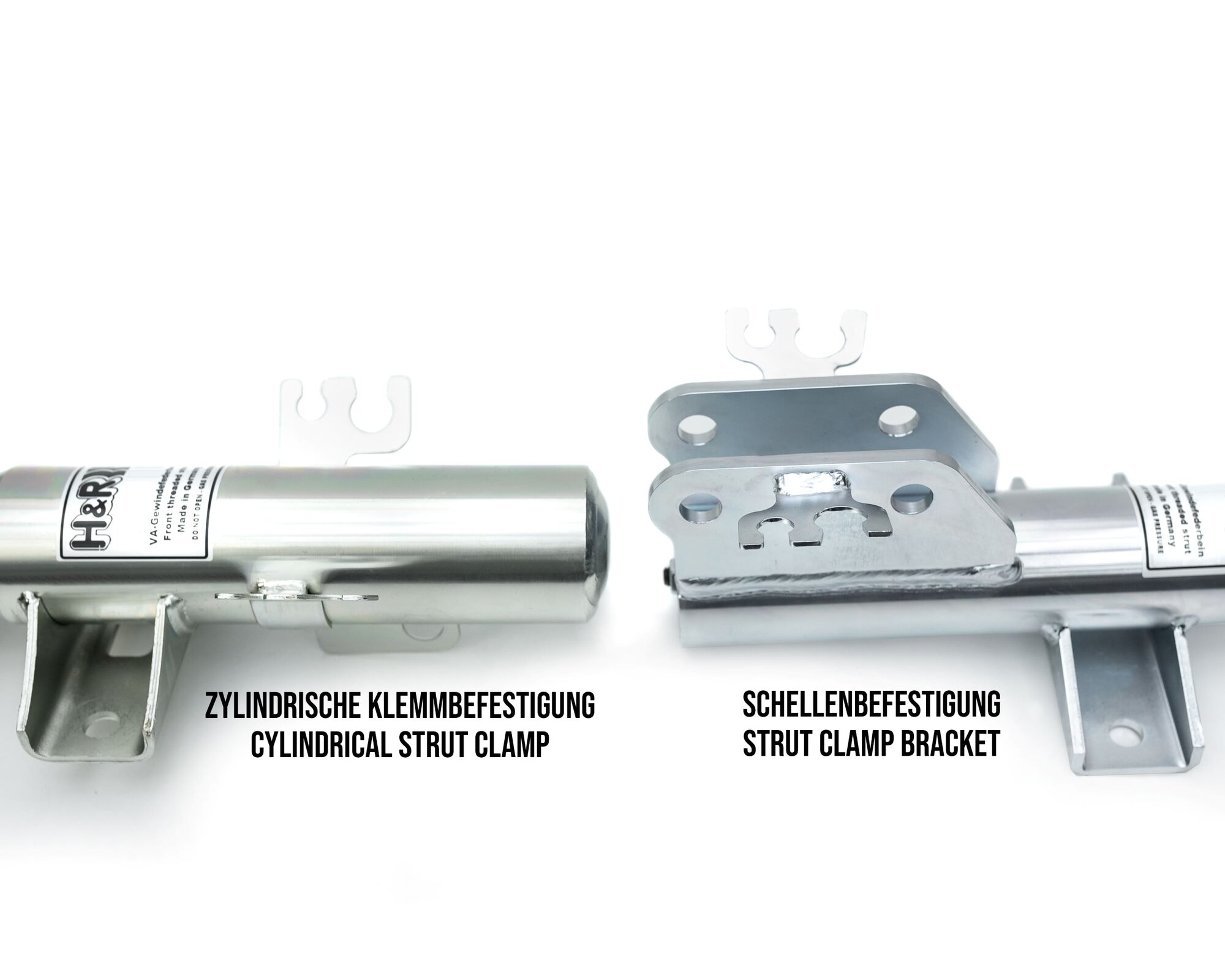 Two cylindrical metal components, one labeled "ZYLINDRISCHE KLEMMBEFESTIGUNG CYLINDRICAL STRUT CLAMP," and the other "SCHELLENBEFESTIGUNG STRUT CLAMP BRACKET," are displayed on a white background.