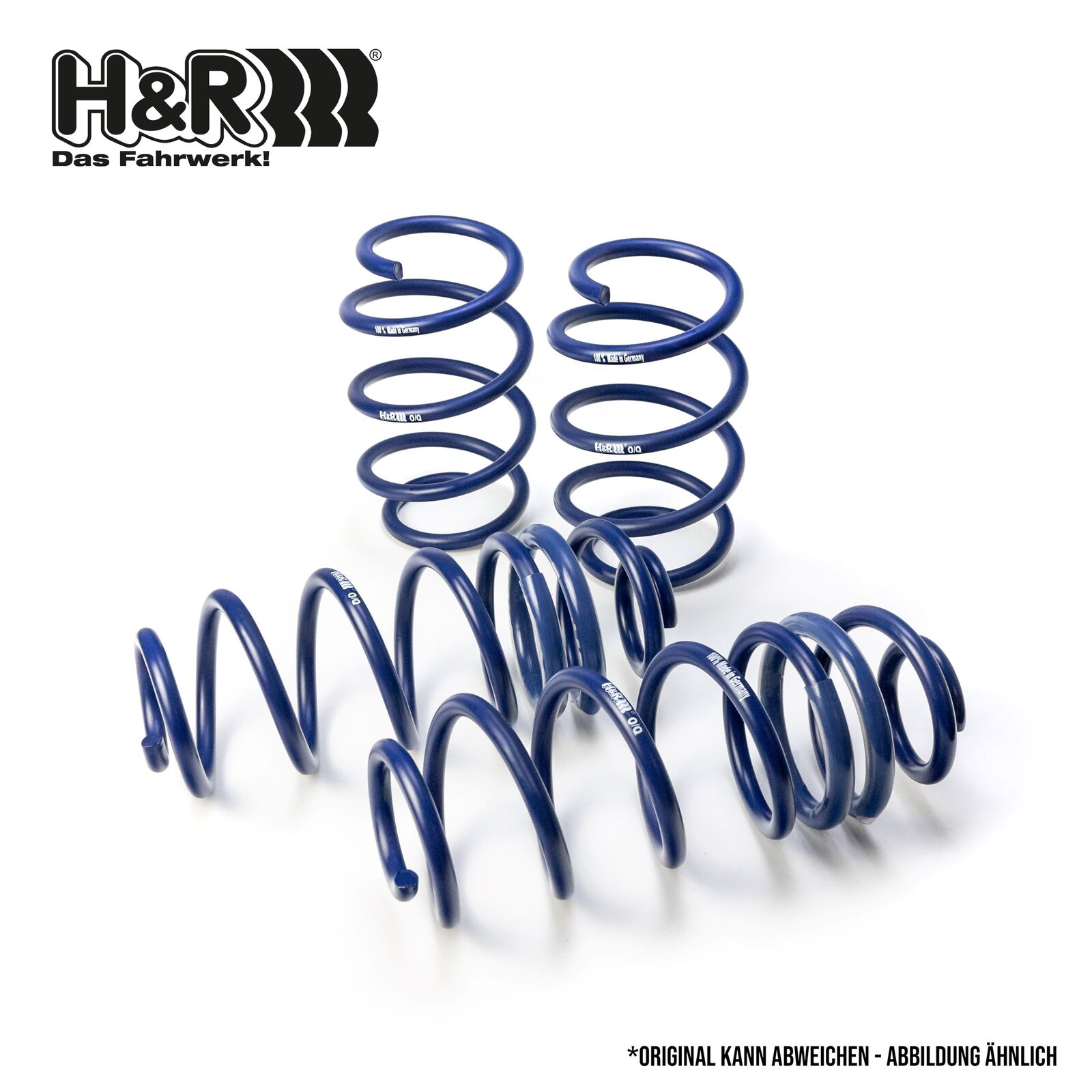 Blue coil springs positioned upright, labeled with "H&R" branding and specifications in a clean, white setting. Text: "H&R Das Fahrwerk!" and "*ORIGINAL KANN ABWEICHEN - ABBILDUNG ÄHNLICH."