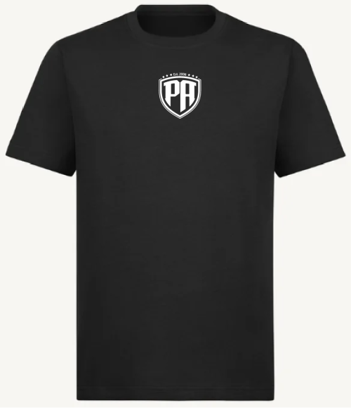 Anniversary T-shirt in black with white and blue writing on the back.